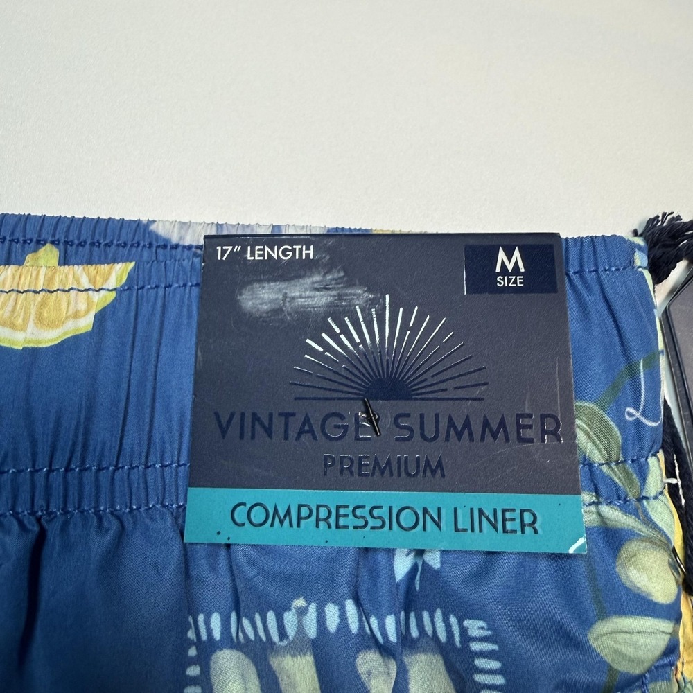 Vintage Summer Swim Trunks Mens M Blue Citrus Fruit Print Compression Liner - Picture 4 of 11